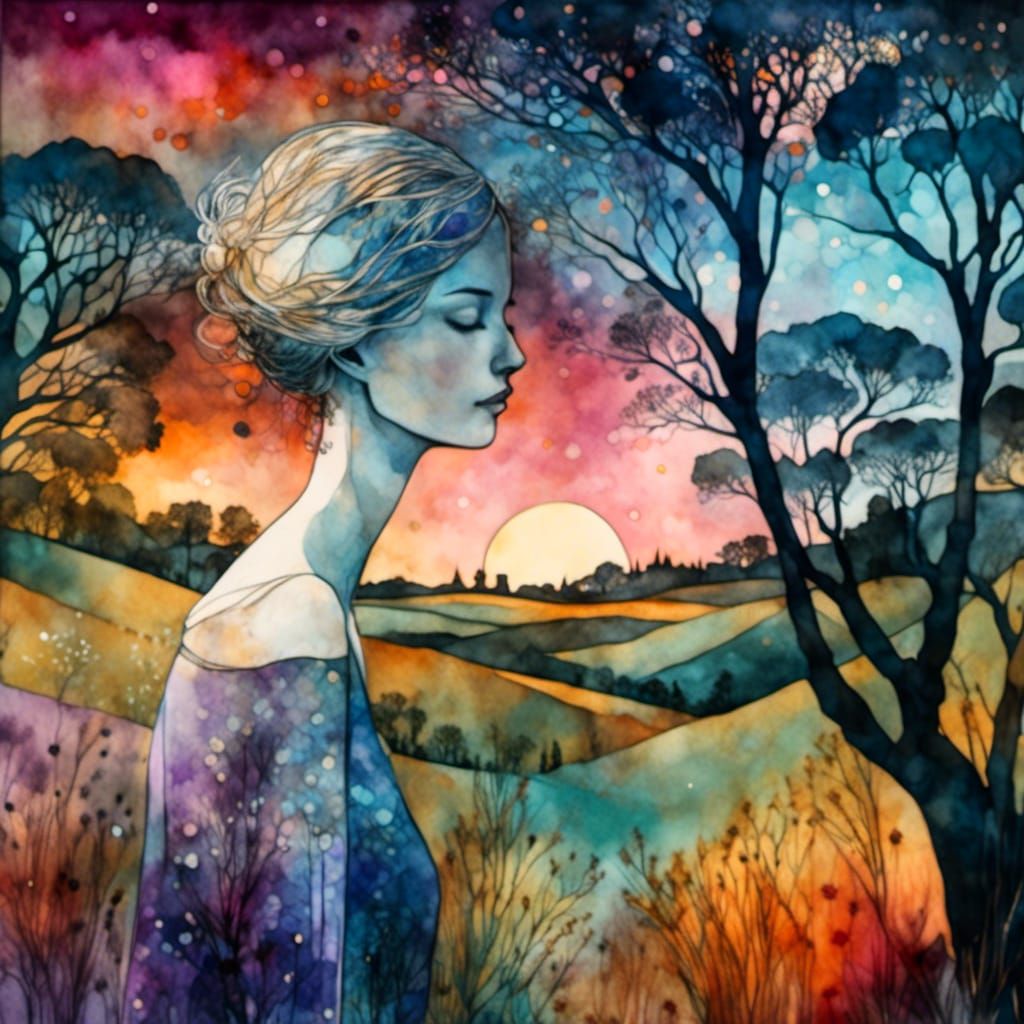 Woman in Countryside: Liquid Ink Watercolor Illustration