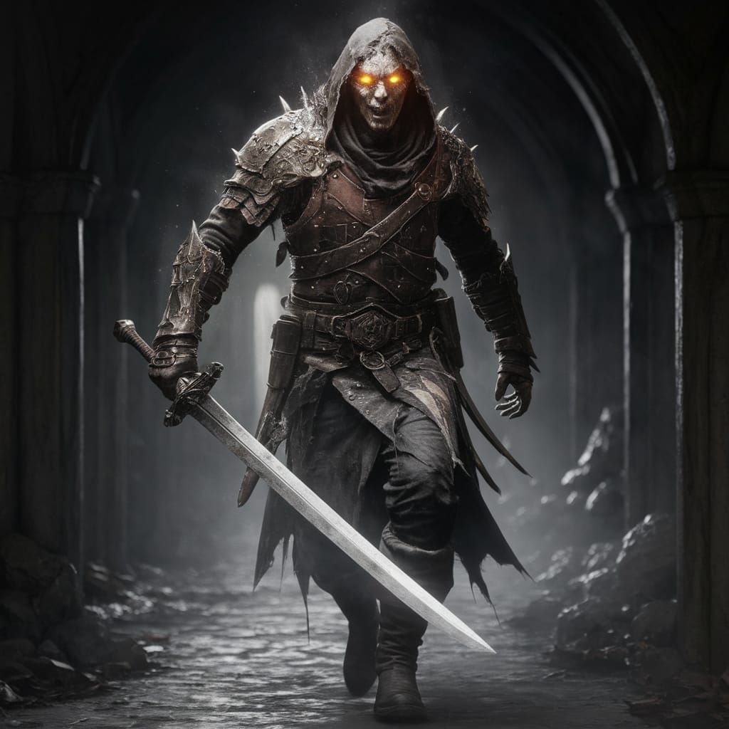 Ethereal Vengeful Spirit Swordsman Emerges from Dark Catacom...