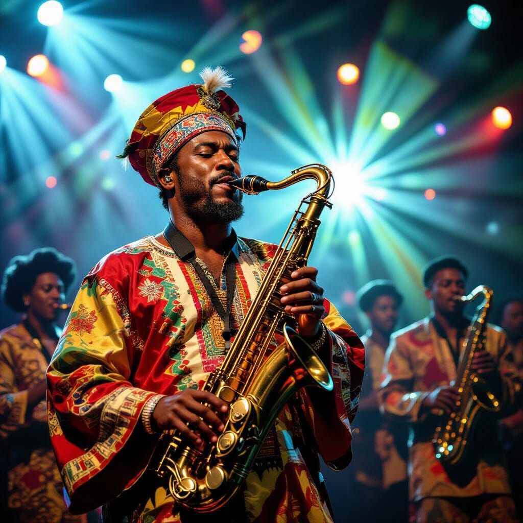 Energetic Afrobeat Performer in Surrealist Style