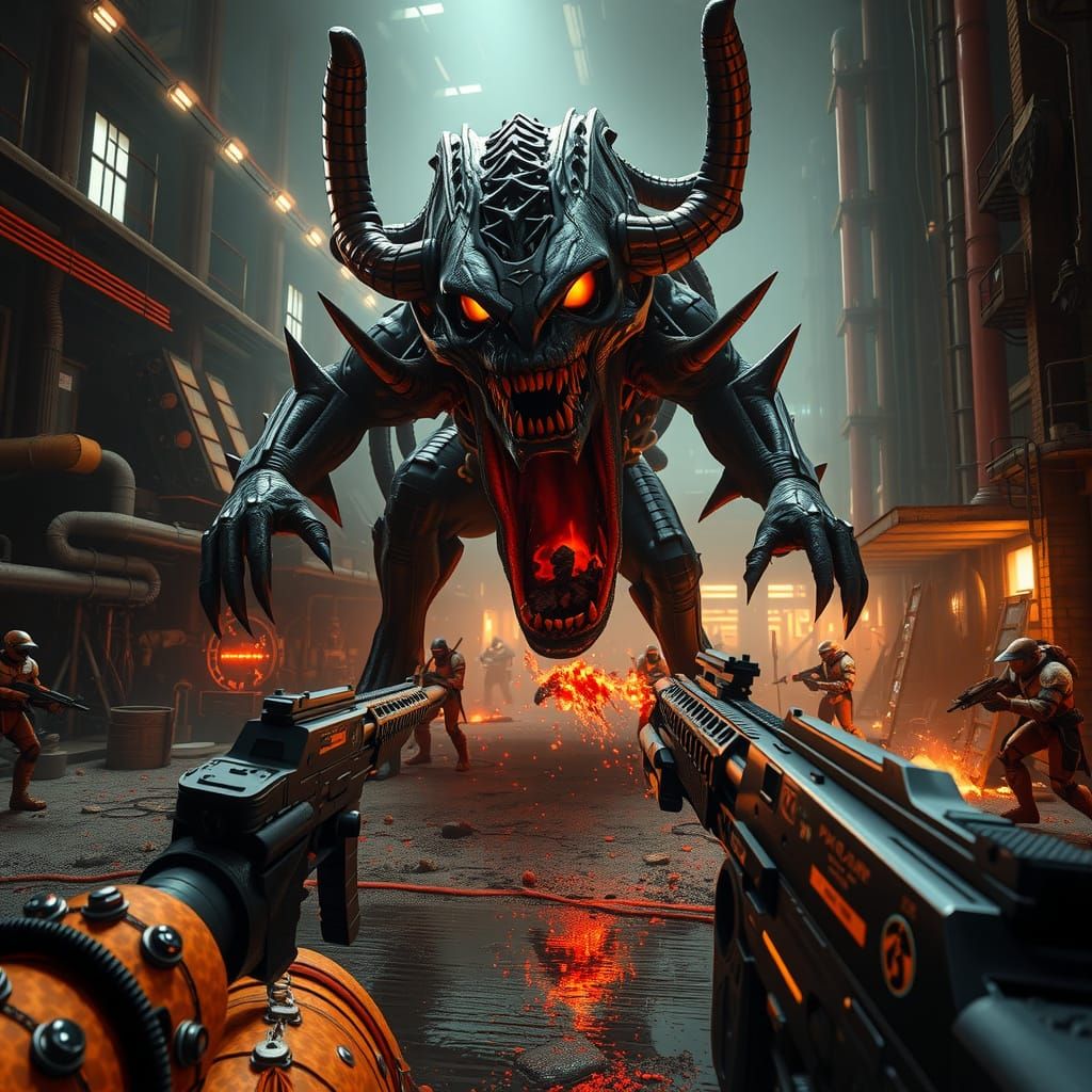 Epic Demon Battle in Post-Apocalyptic Industrial Ruins