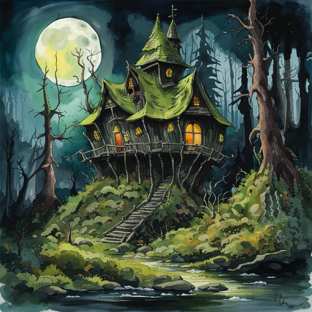 Gothic Horror Forest Hut Under Full Moon