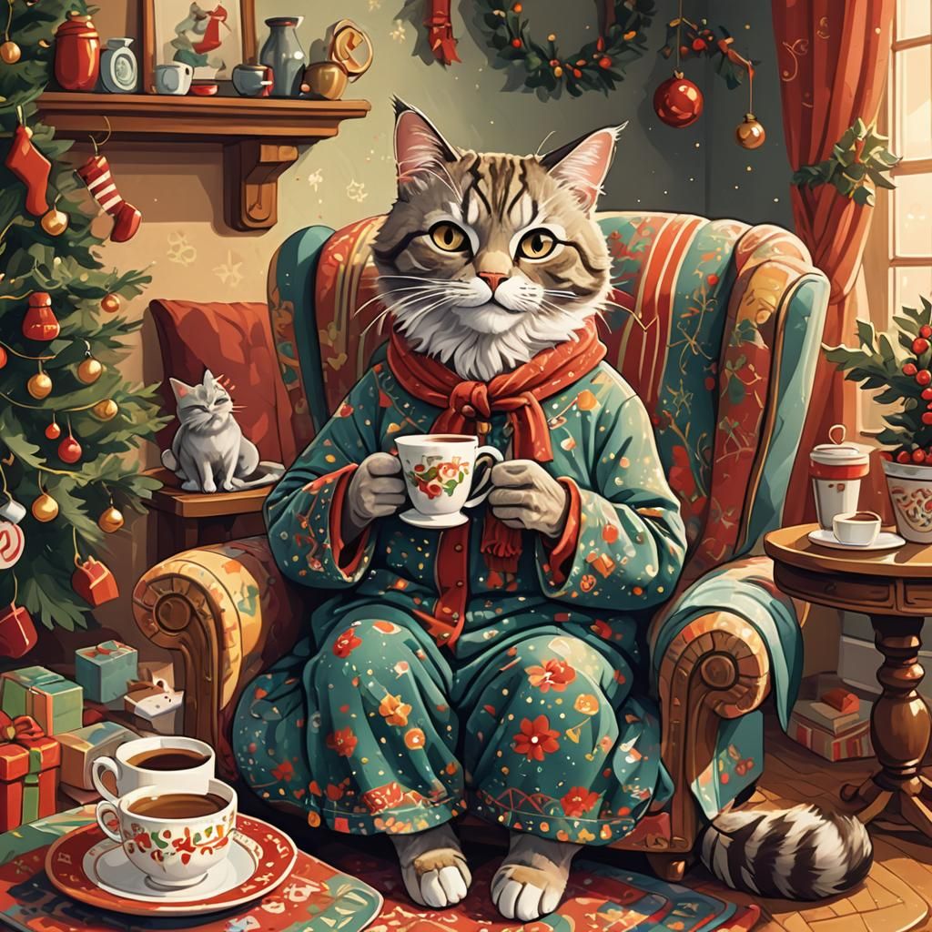 Whimsical Granny Cat in Christmas Pajamas
