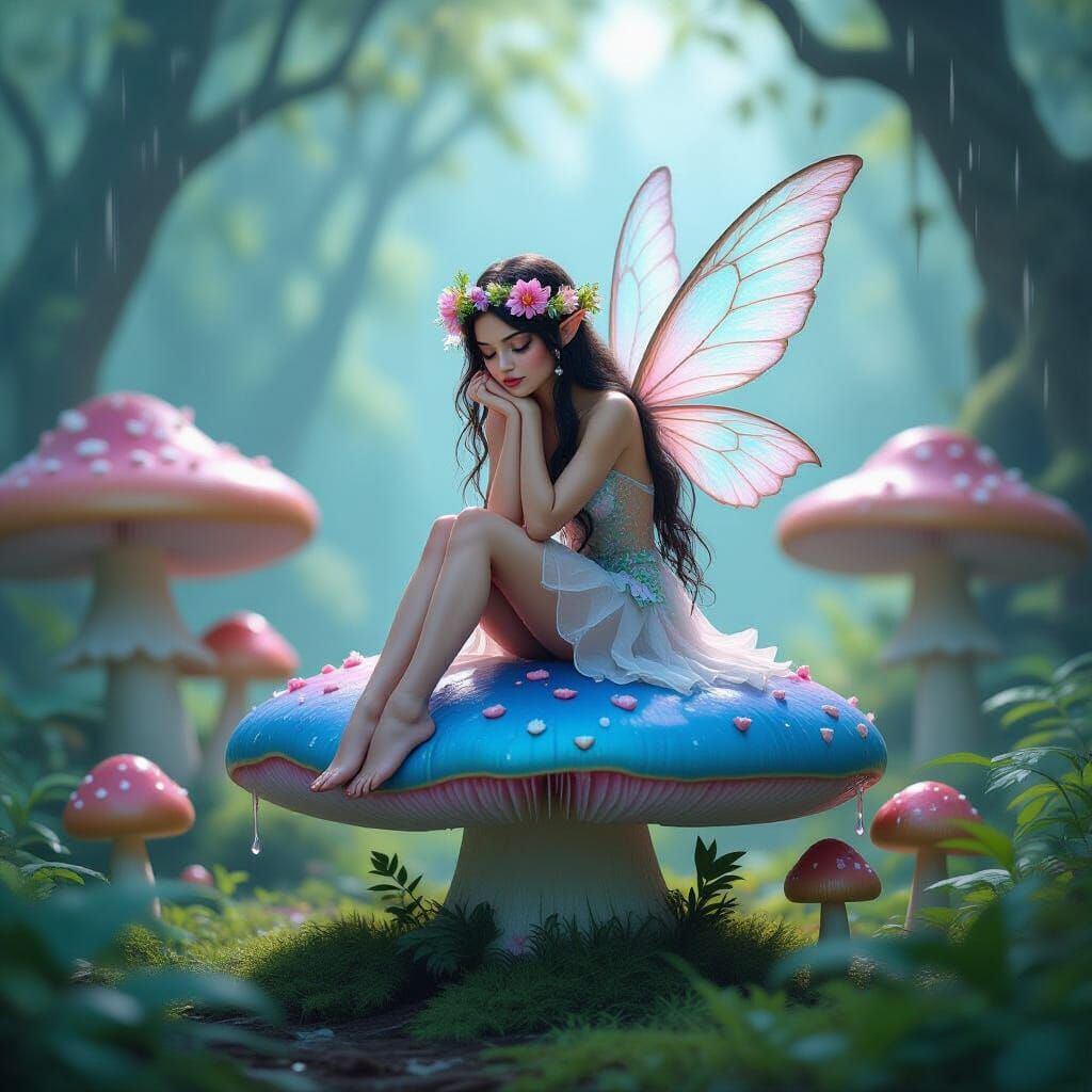 Fairy in Misty Forest Sitting on Blue Mushroom
