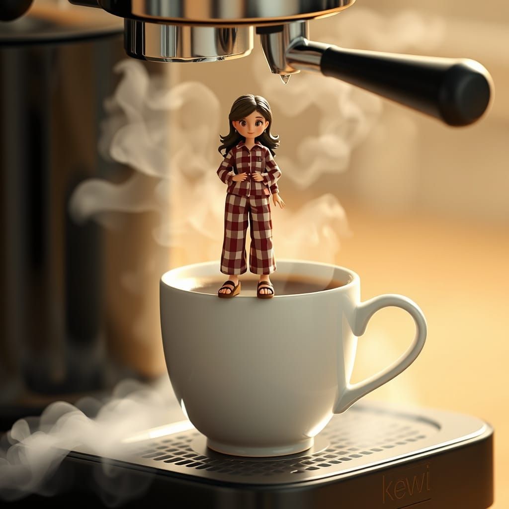 Miniature Woman on Teacup in Pixar-Style 3D