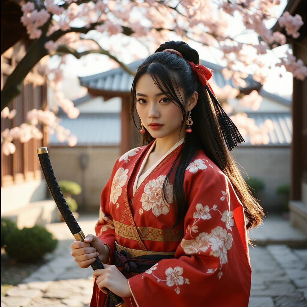 Female Samurai Warrior in Cherry Blossom Courtyard