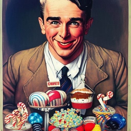 Vintage Candy Man Portrait in Norman Rockwell Style