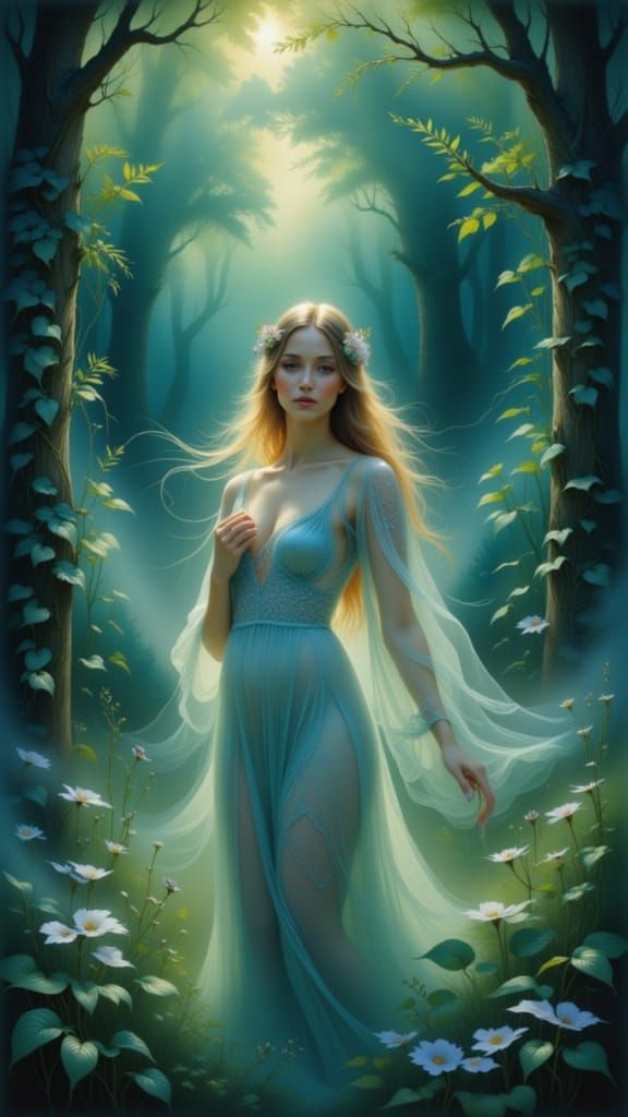 Ethereal Woman in Dreamlike Mystical Landscape