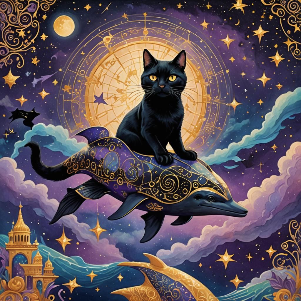 Black Cat Magician Rides Dolphin in Dreamlike Digital Art