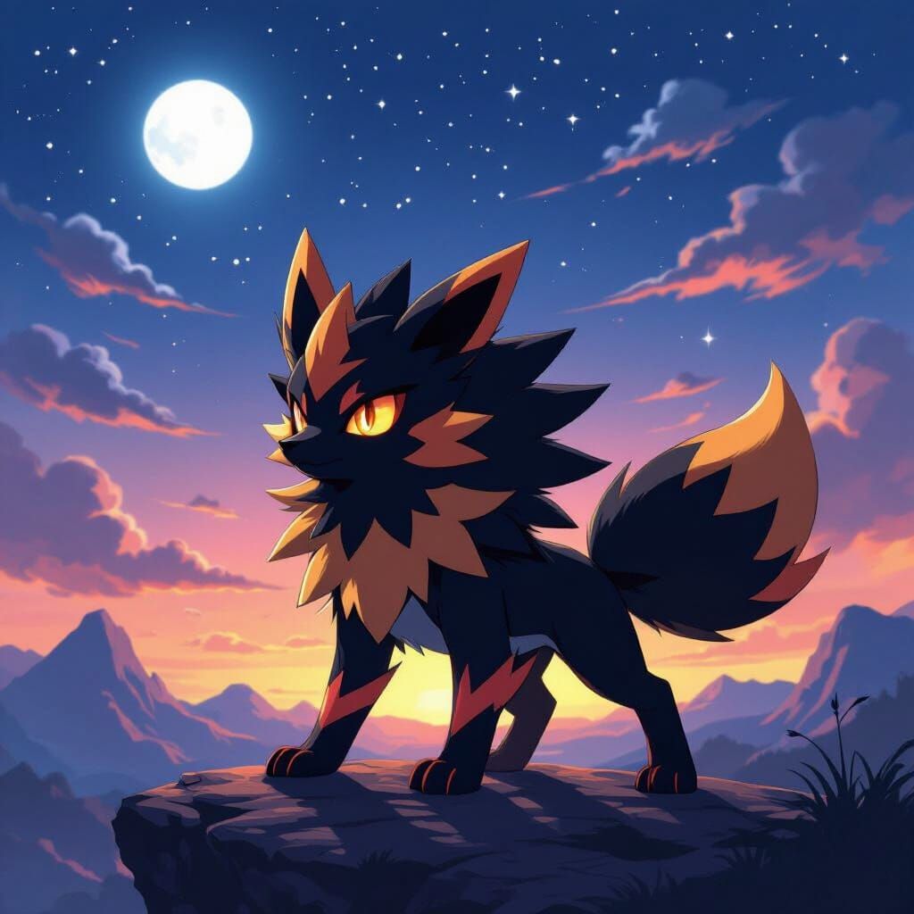 Lycanroc Pokémon on Rocky Outcrop Under Starry Twilight Sky