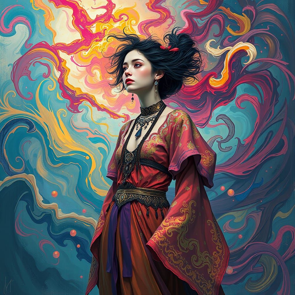 Entranced Woman in Surreal Dreamscape