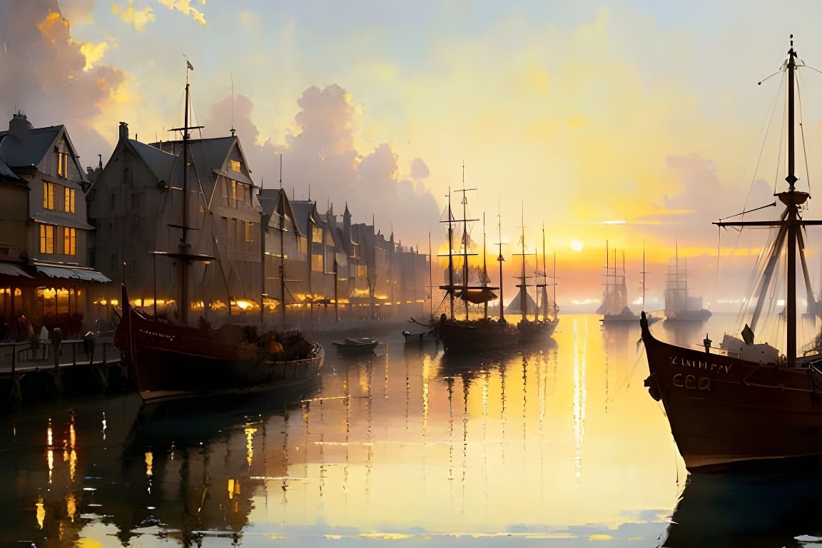 Medieval Dock Sunset: Oil Painting in Game of Thrones Style