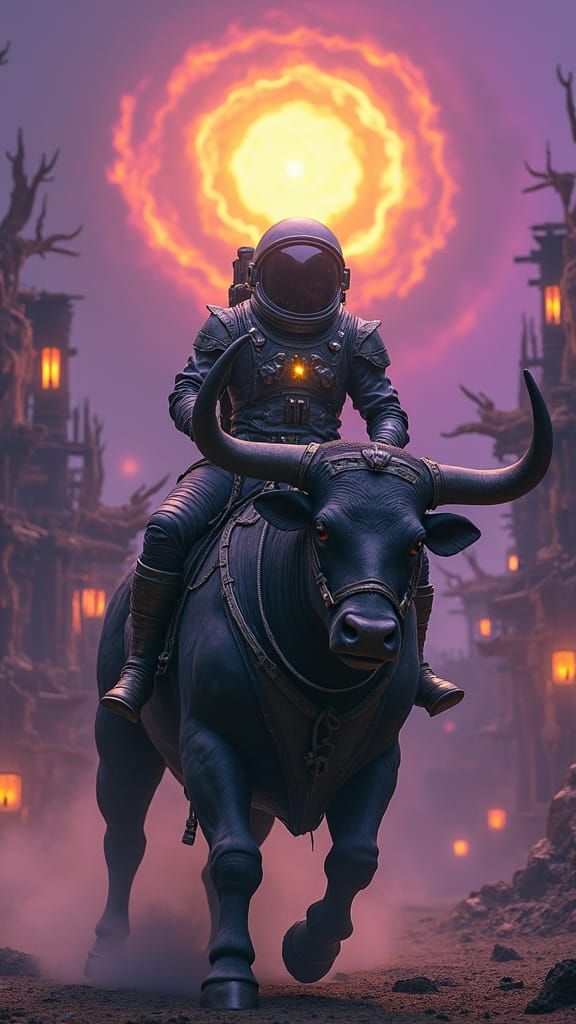 Astronaut Rides Ethereal Bull in Dark Fantasy Rodeo