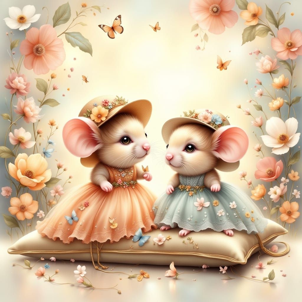 Whimsical Chibi Mice in Floral Wonderland