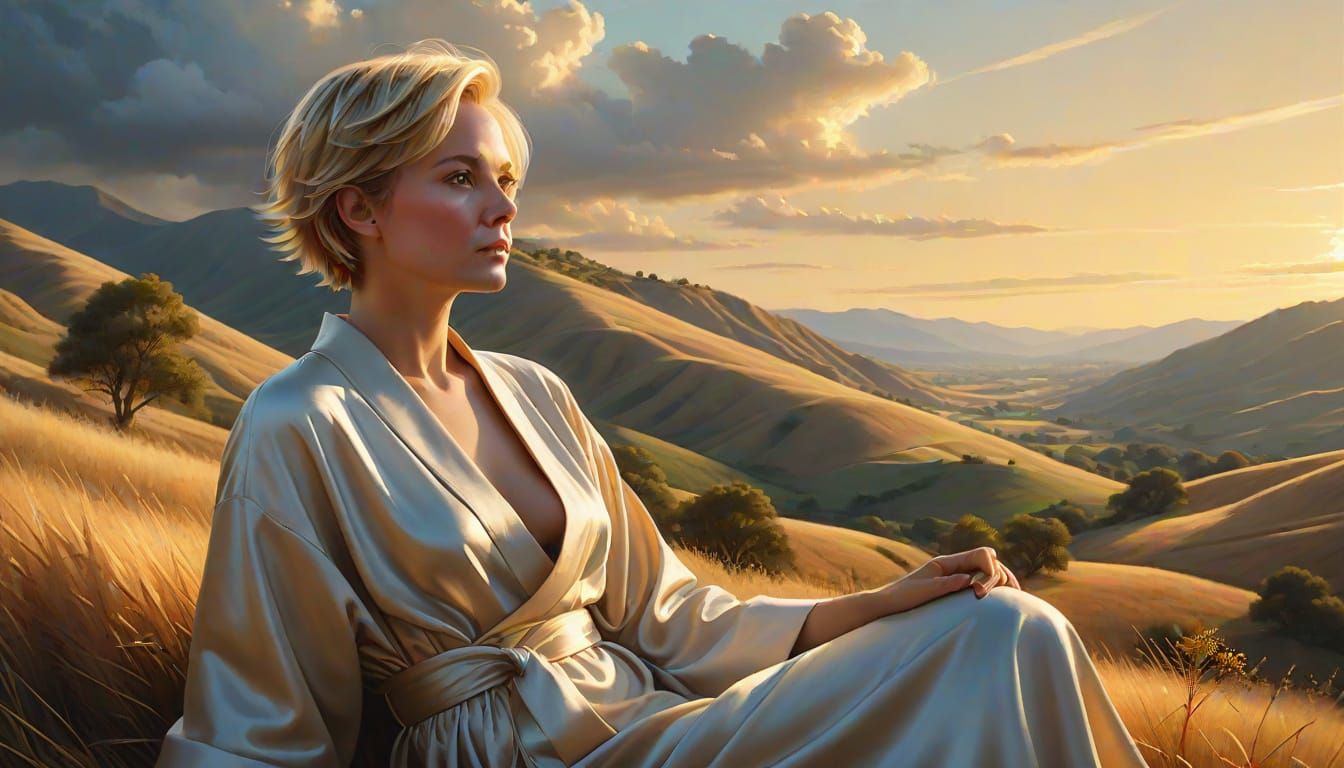 Contemplative Woman Beside Painting in Earth Tones