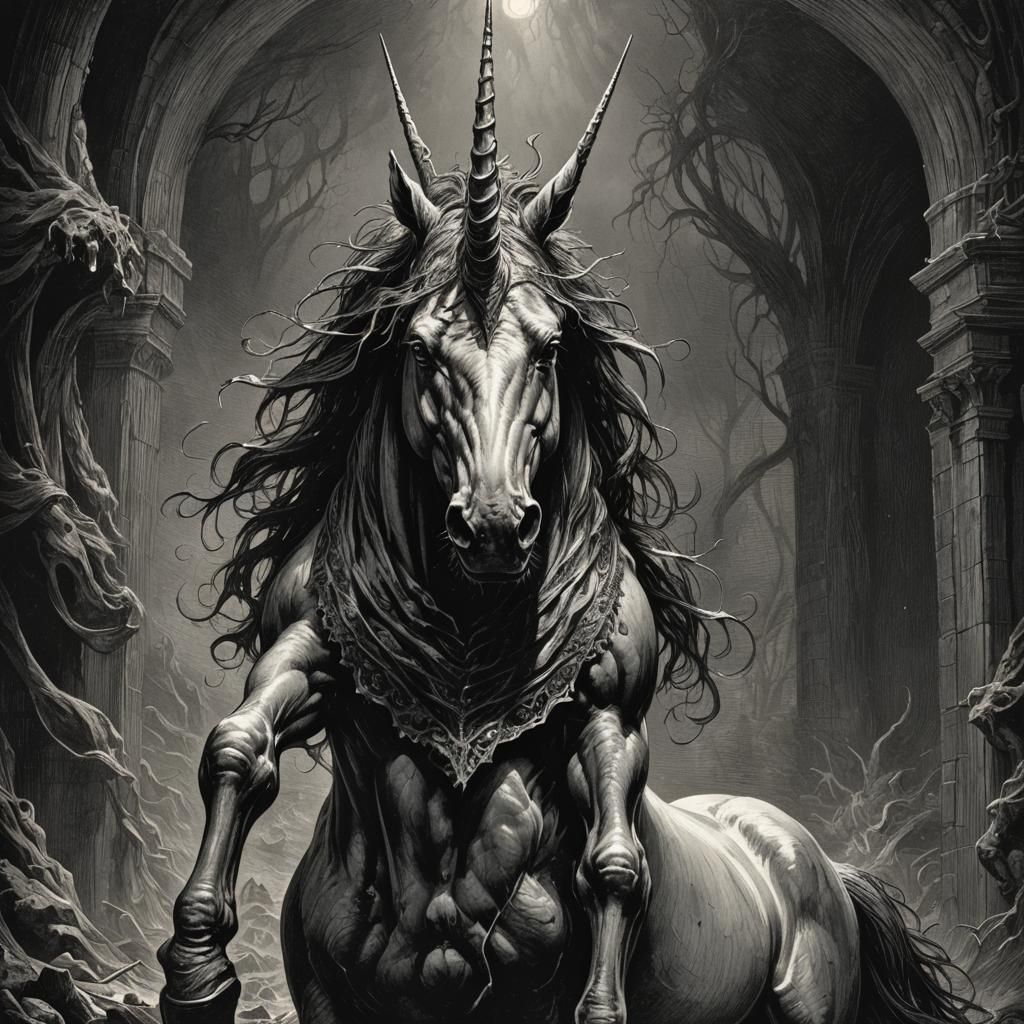 Evil Unicorn in Shadow, Gothic Horror Style