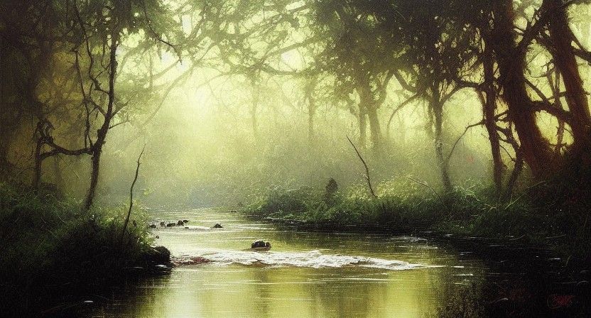 Lush Overgrown River in Colorful Oil Painting