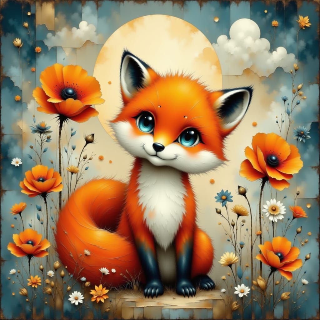 Whimsical Red Fox Under Asian Moon with Orange Poppy