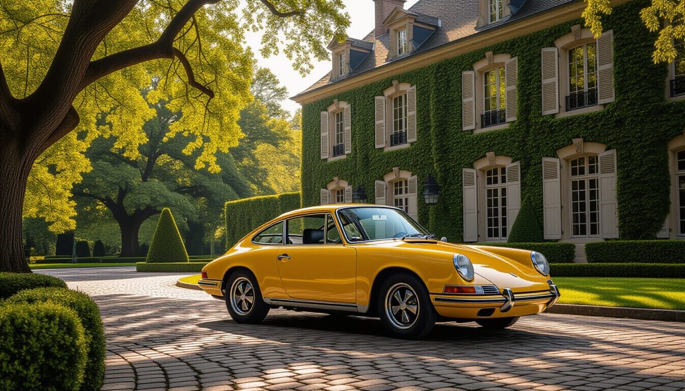 1960s Yellow Porsche 911 at Ivy-Covered Chateau