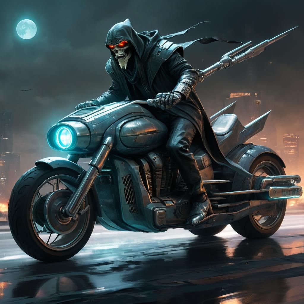 Wizard on Cyberpunk Motorcycle: Dark Fantasy Art