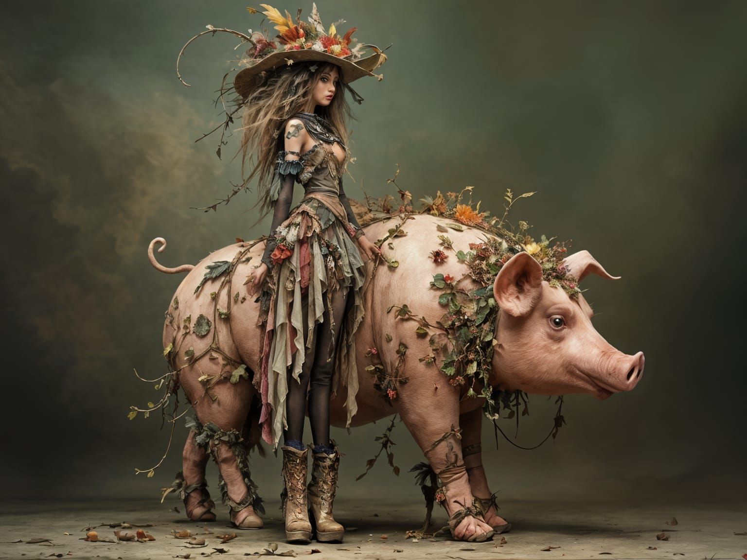 Surreal Boho Cowgirl with Enormous Pink Pig in Whimsical Lan...