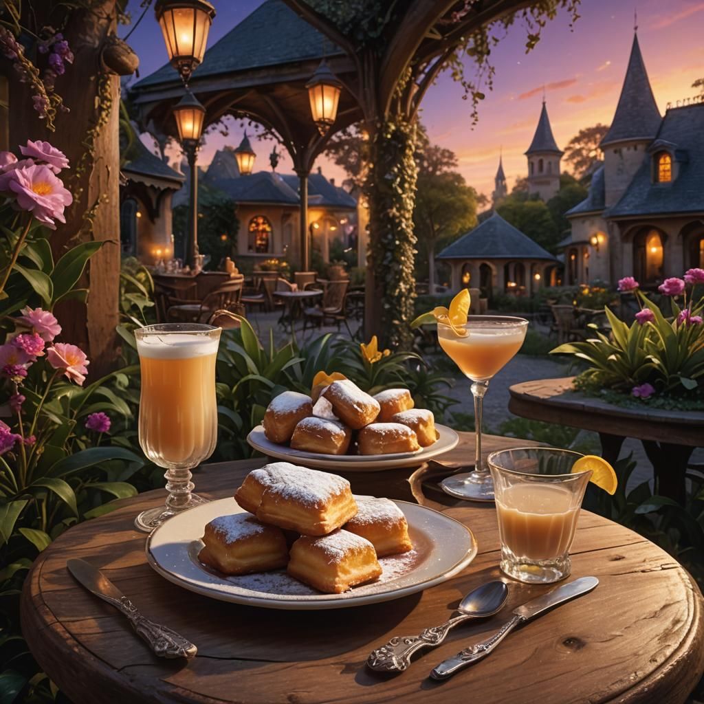 Glowing Beignets and Brulee Cocktail in Fantasy Garden