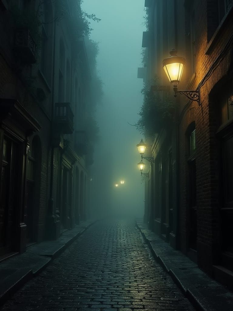 Dark Victorian Street Scene Under Eerie Fog