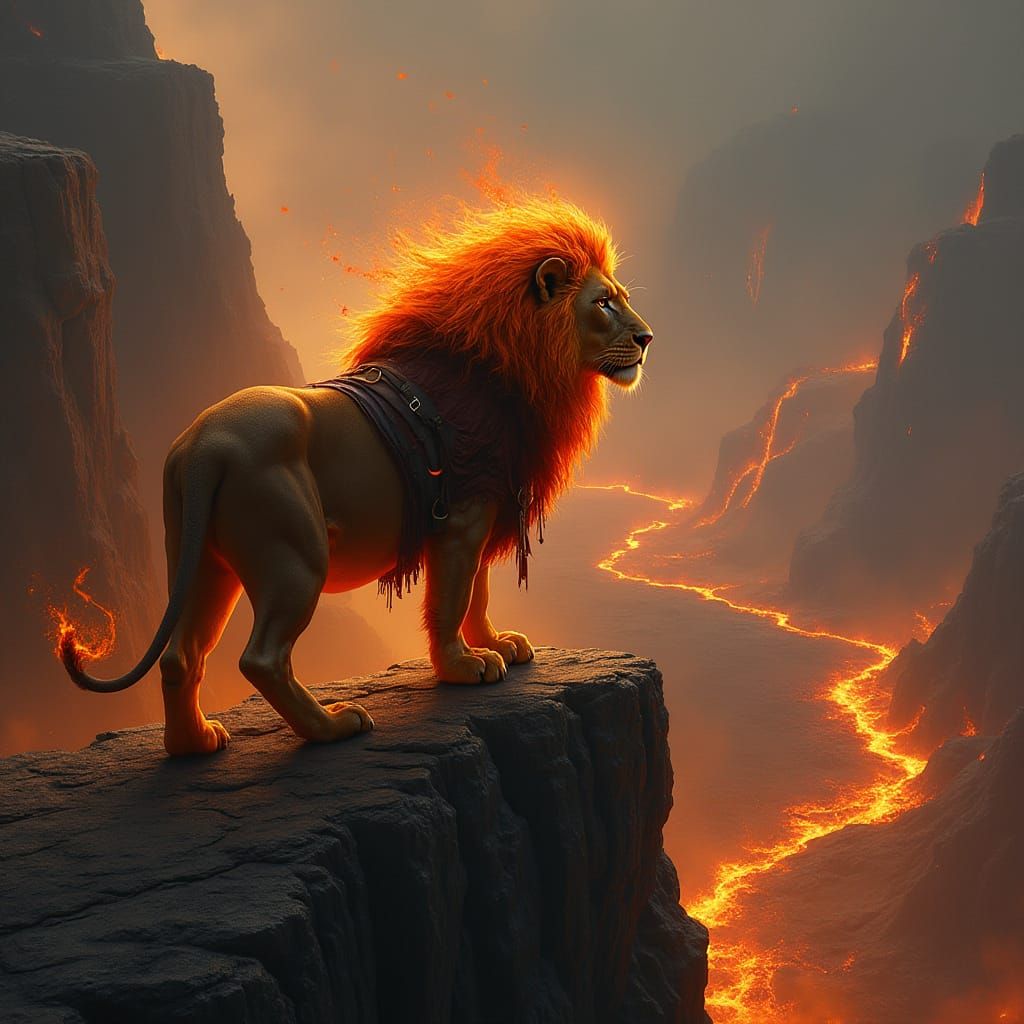 Fiery Lion Overlooking Volcanic Landscape