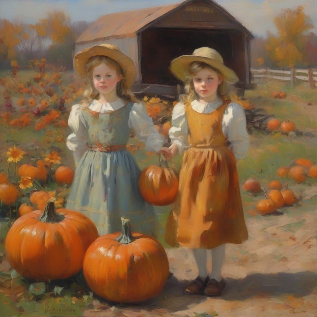 Children in Country Dresses With Flower Wagon