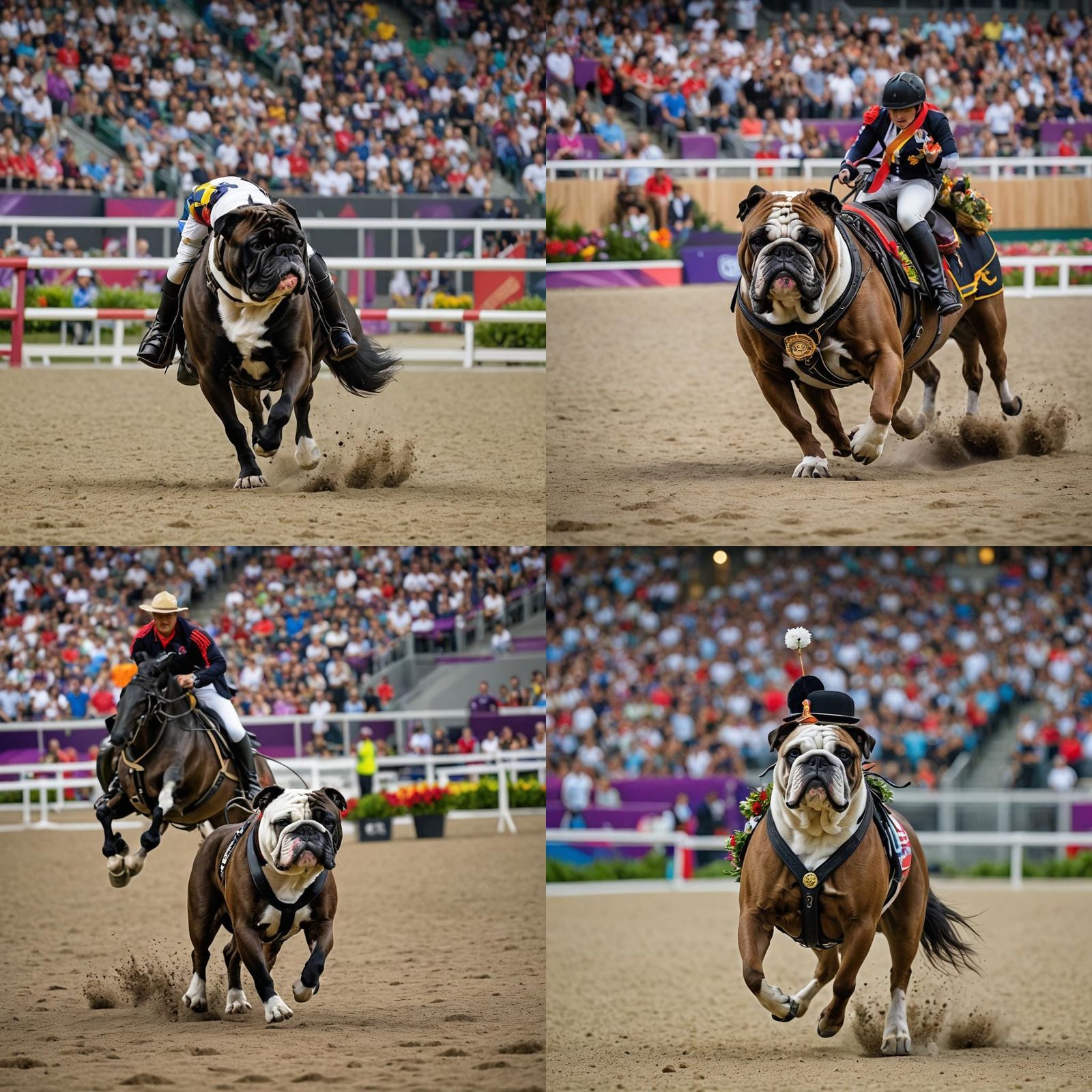 Black Bulldog Rides Horse in Olympics Photo