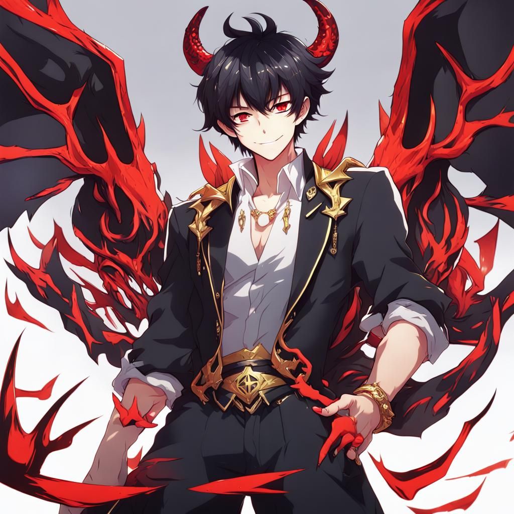 Anime Demon Lord with Red Horns and Golden Eyes