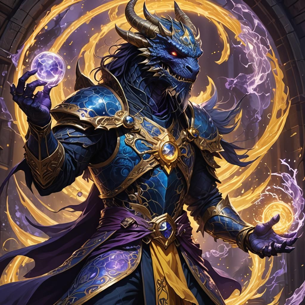 Sapphire Dragonborn Sorcerer in Dark Fantasy Art