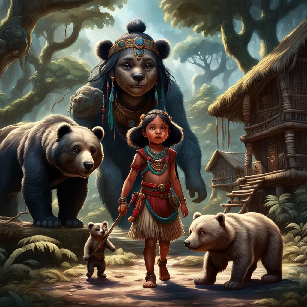Taino Princess in Vibrant Forest Sanctuary with Fierce Bear ...