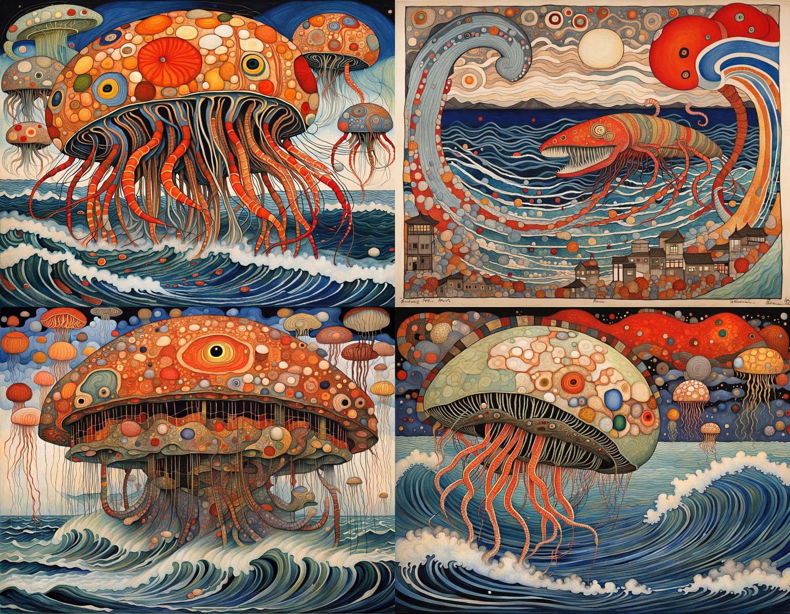 Jellyfish Shark Battle in Storm, Japanese Art Style