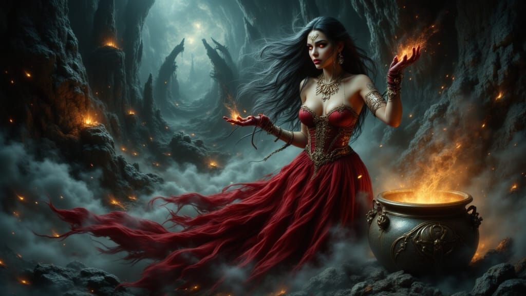 Sorceress Unleashing Magic in Dark Cave