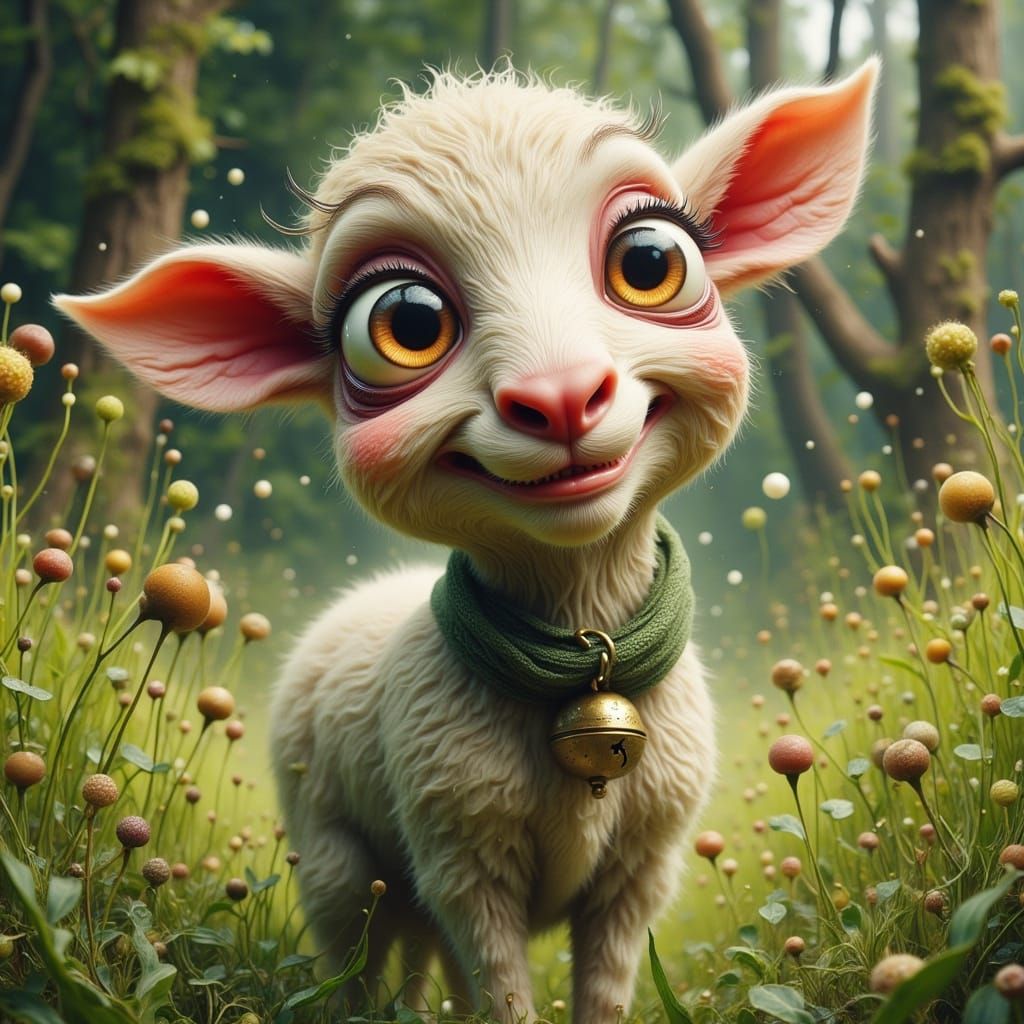 Adorable Lamb in Meadow, Whimsical Art Style