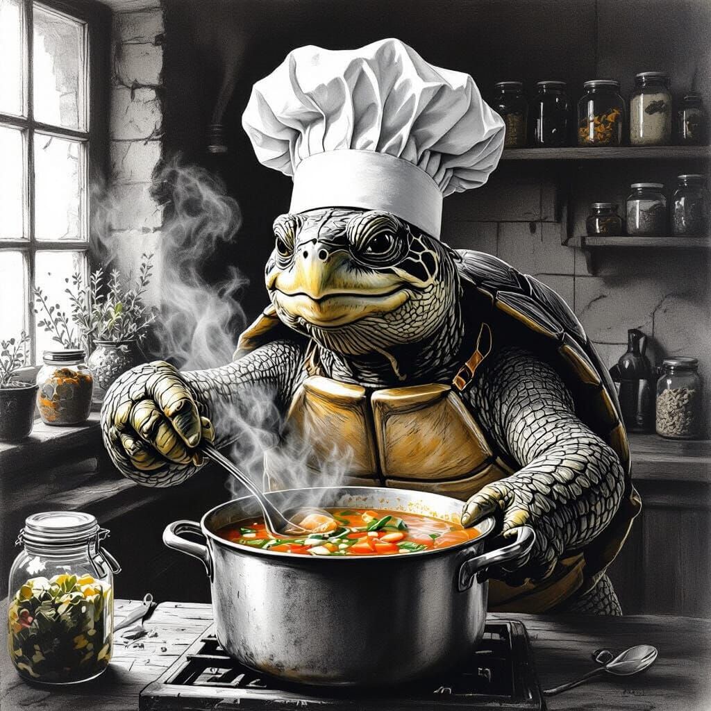 Wise Turtle Chef Makes Vegetable Soup in Rustic Kitchen