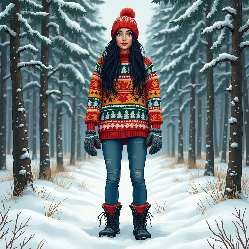 Woman in Christmas Sweater, Atmospheric Folk Art