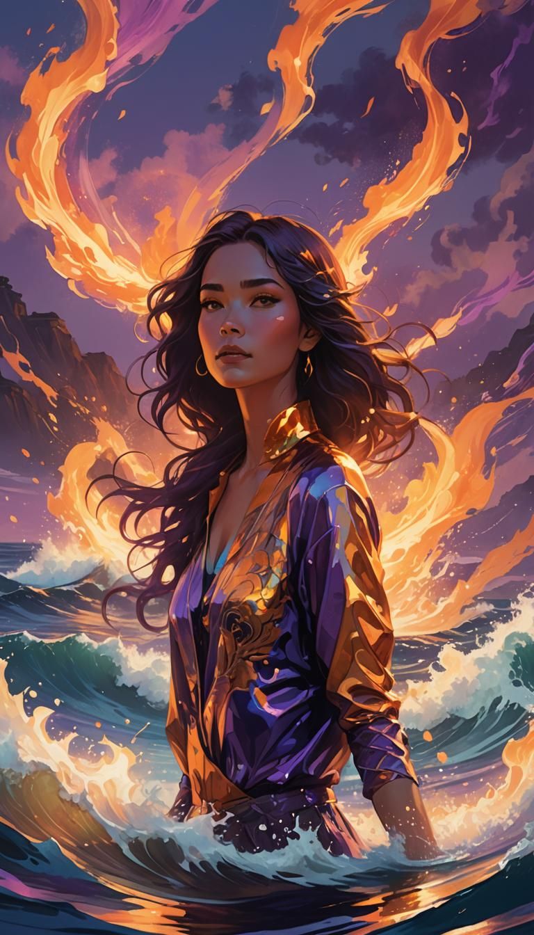 Woman Surrounded by Fires in Fantasy Sea