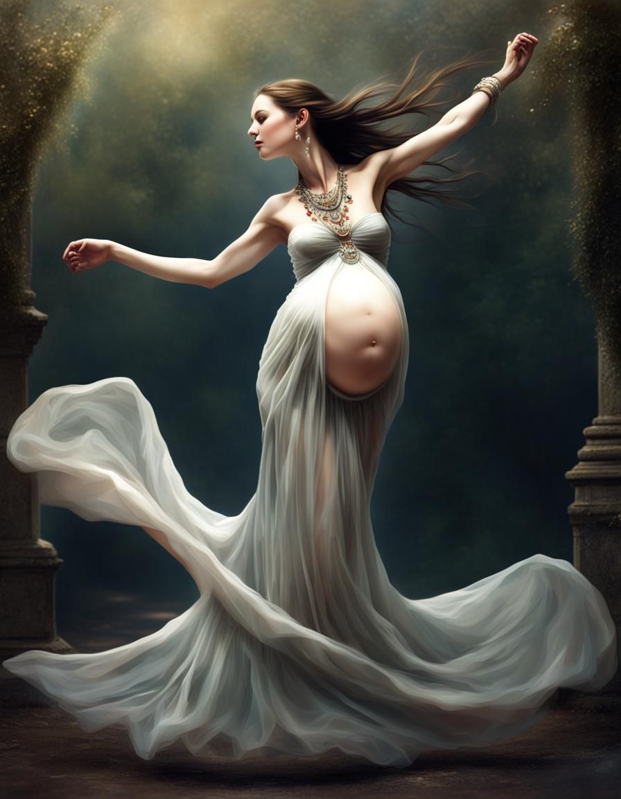 Joyful Pregnant Woman Dancing in Fantasy Art