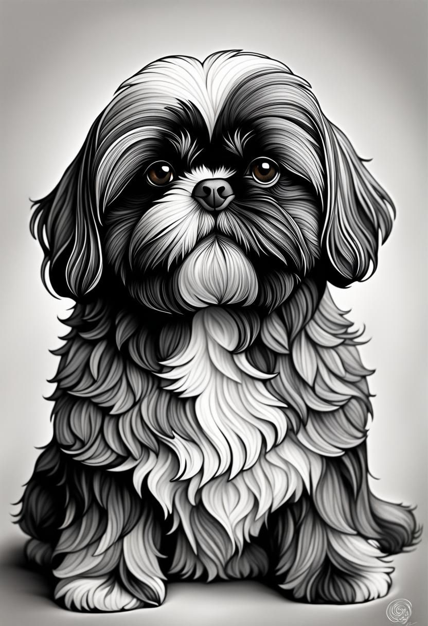 Detailed Zentangle Portrait of an Old Shih Tzu