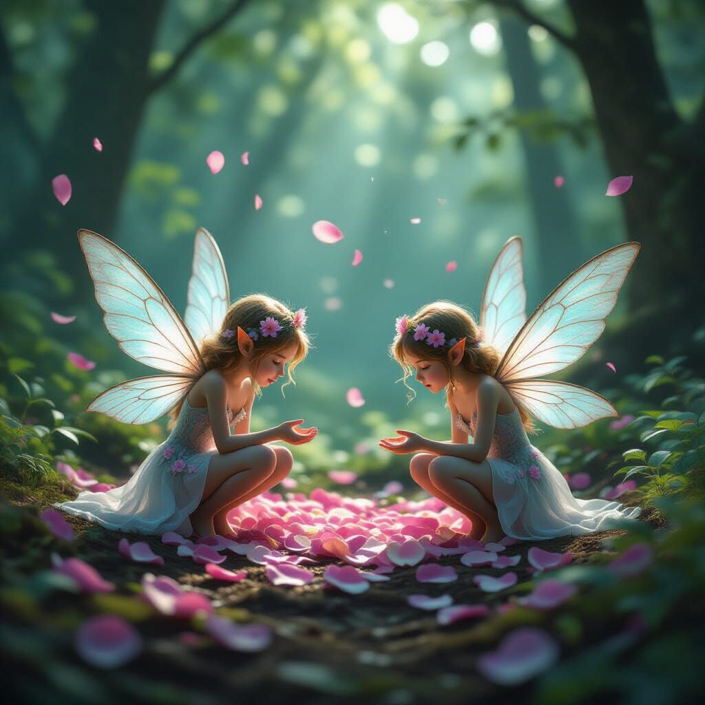 Ethereal Fairies with Flower Petals in Magical Forest