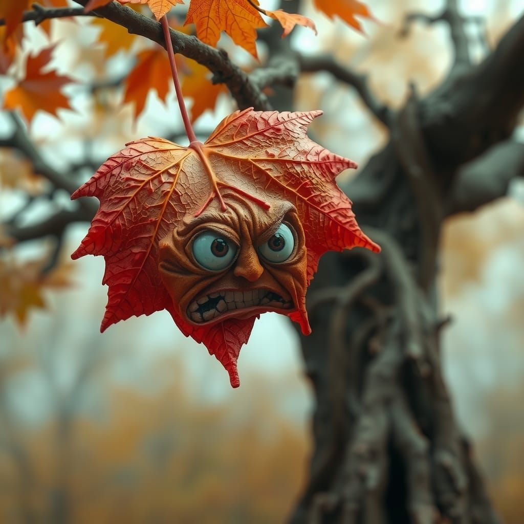 A crying, anthropomorphized maple leaf with a crying face fa...