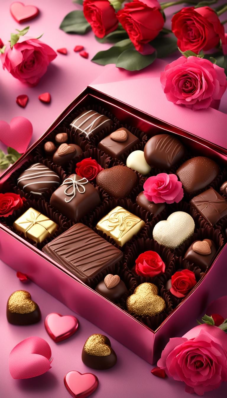 Valentine's Day chocolate box, open to reveal an assortment of gourmet chocolates, nestled amongst a bed of lush 🌹