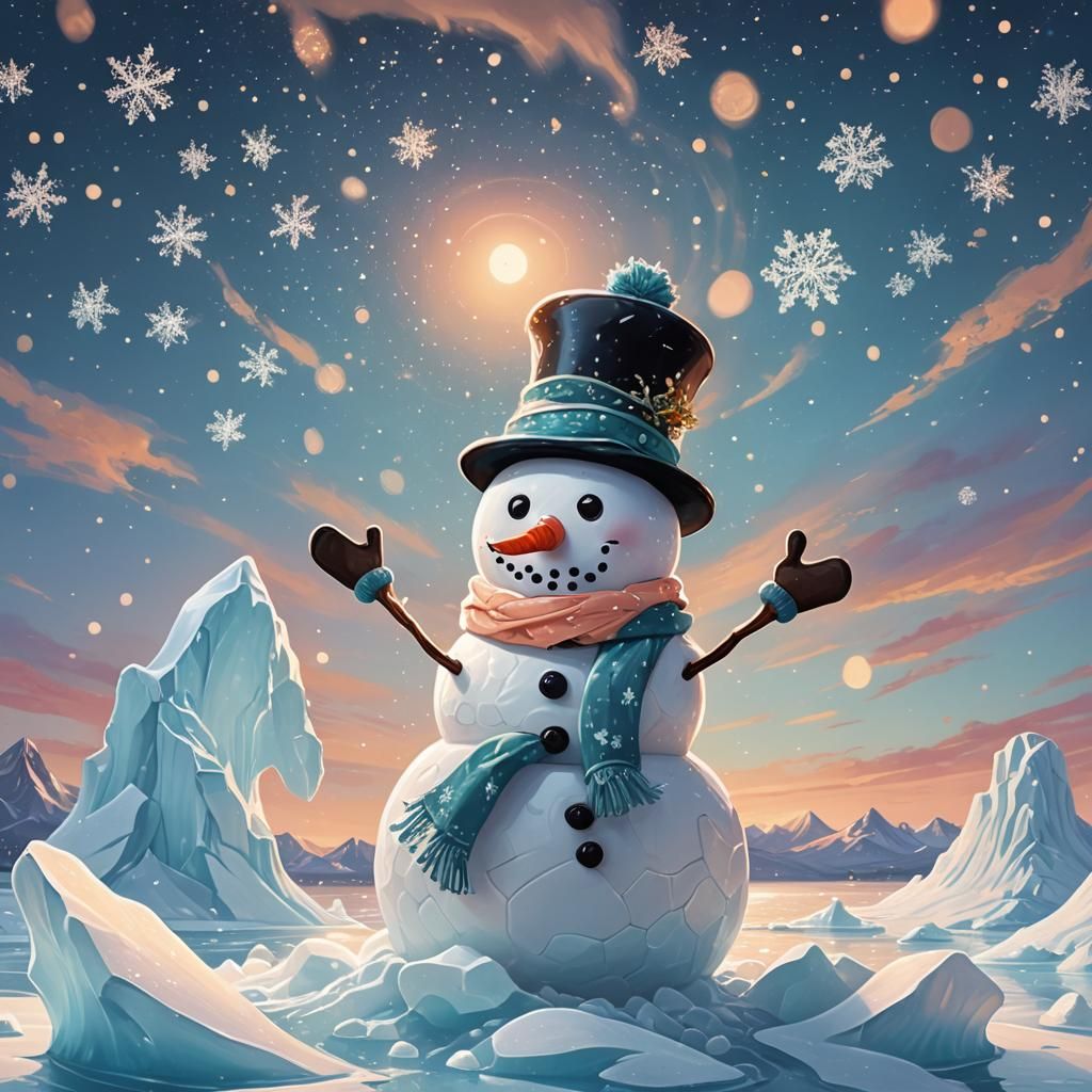 Dancing Snowman on Iceberg in Cartoon Style