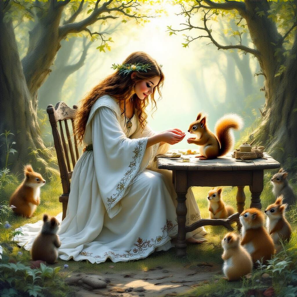Good Witch Healing Squirrel in Forest Clearing