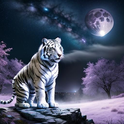 Fantasy White Tiger Under Starry Night Sky