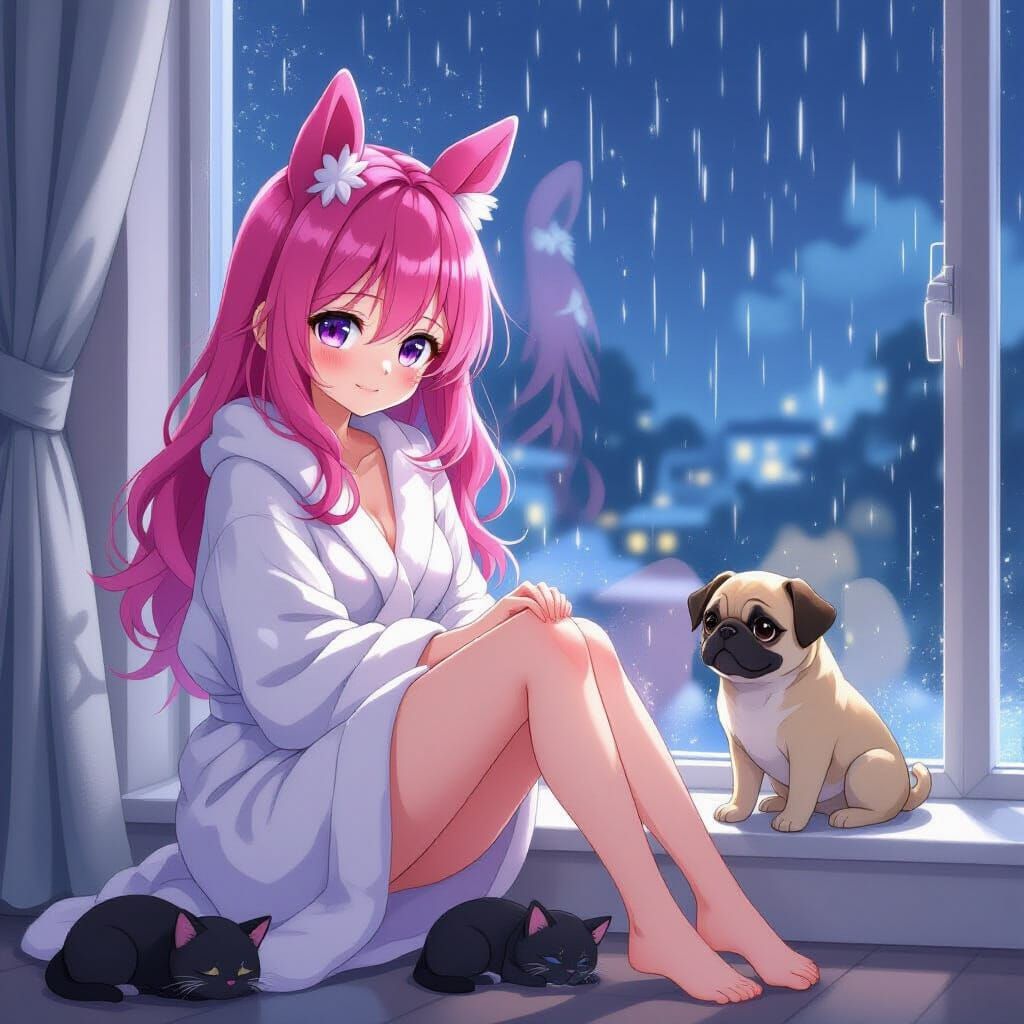 Anime Girl With Pink Hair & Horse Ears by Window