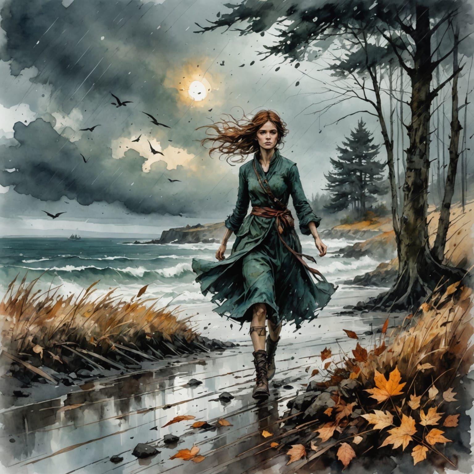 Stormy Autumn Landscape in Watercolor Style