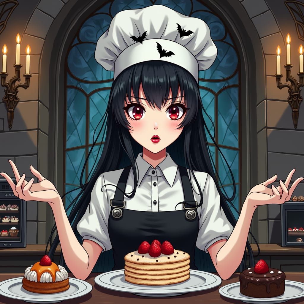 Gothic Pastry Chef in Anime Style Bakery