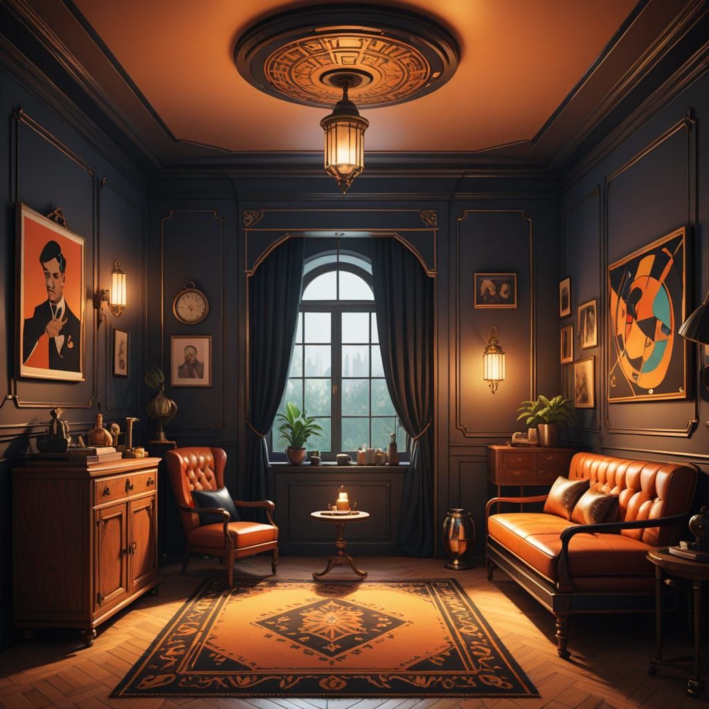 Art Deco Bedroom Interior With Geometric Fauvism Style